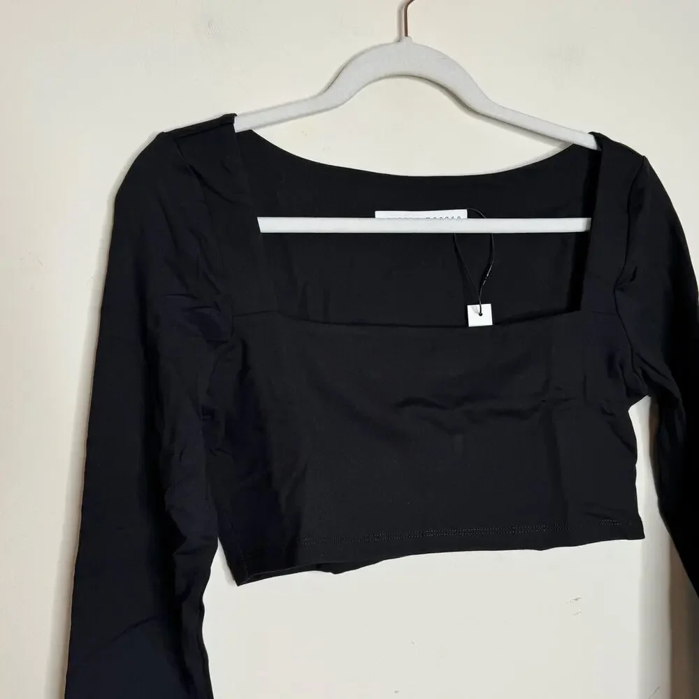 Susana Monaco Micro Square Neck Long Sleeve Crop Top in Black NWT Size Medium